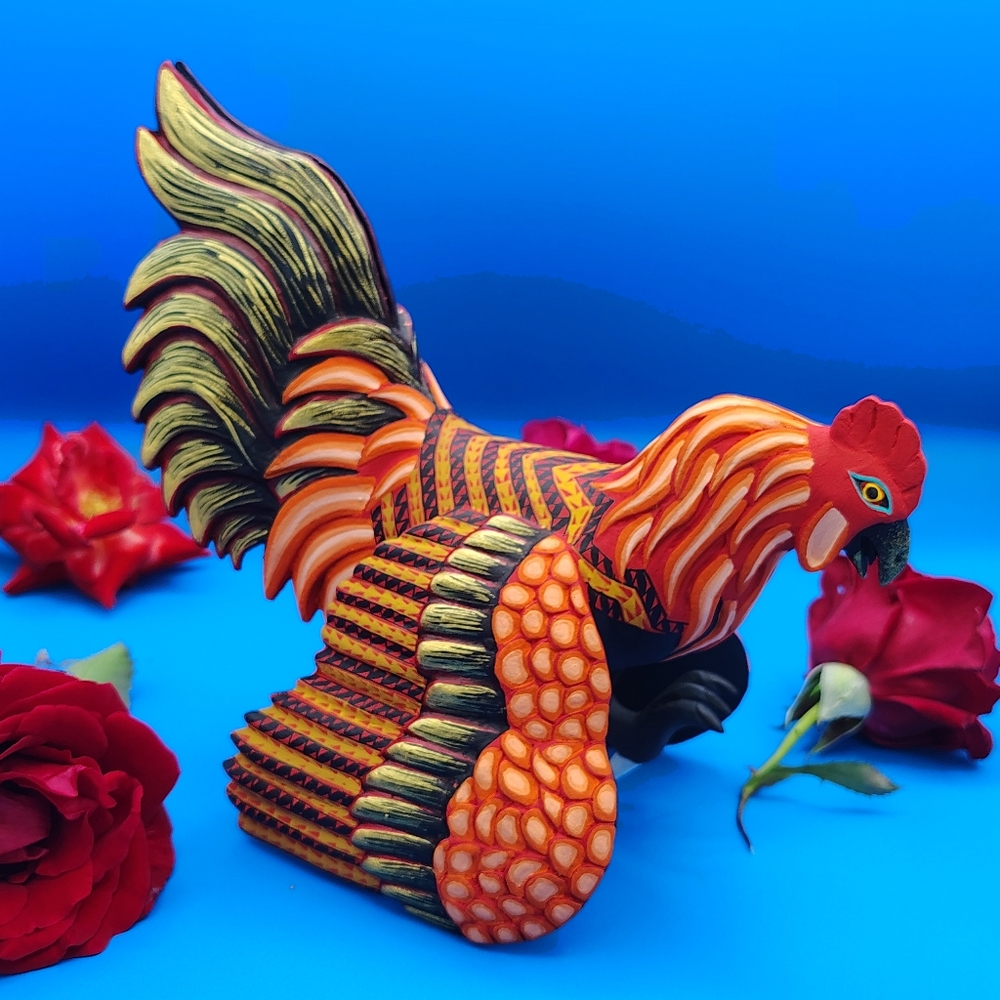 Orange and Green Folk Art Rooster Sculpture